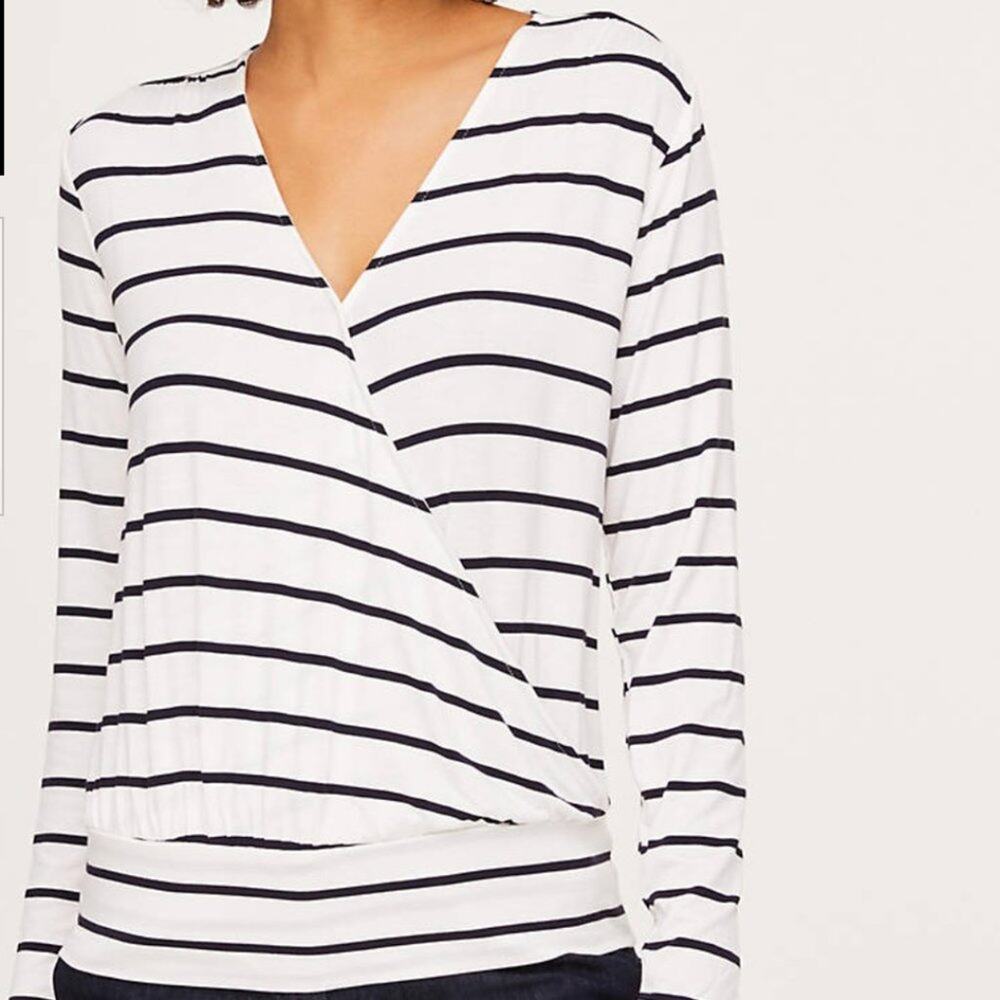 LOFT White & Black Striped Wrap Top with Banded Hem - Picture 11 of 11